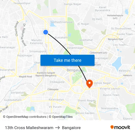 13th Cross Malleshwaram to Bangalore map