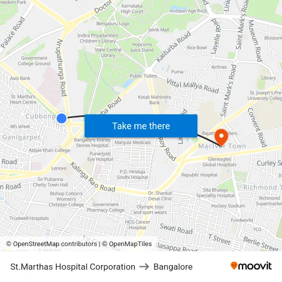 St.Marthas Hospital Corporation to Bangalore map