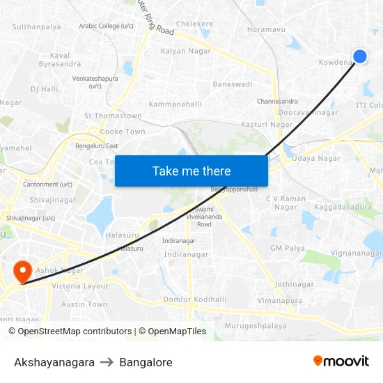 Akshayanagara to Bangalore map