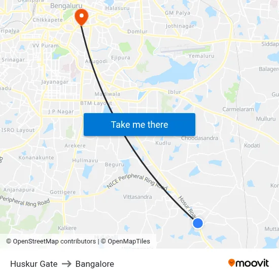 Huskur Gate to Bangalore map