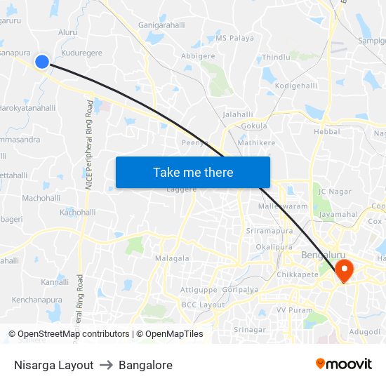 Nisarga Layout to Bangalore map