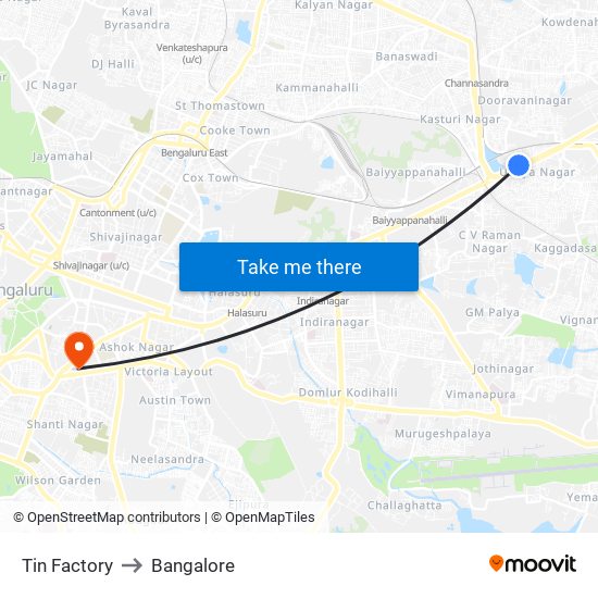 Tin Factory to Bangalore map