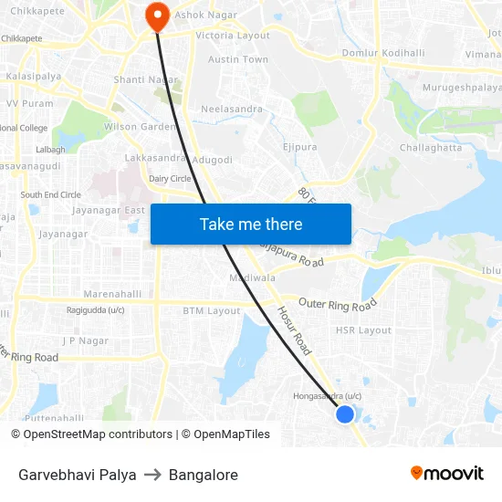 Garvebhavi Palya to Bangalore map