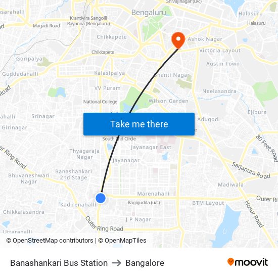 Banashankari Bus Station to Bangalore map