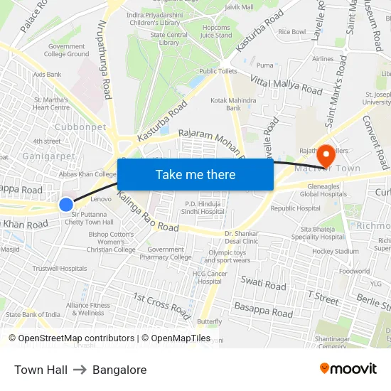 Town Hall to Bangalore map