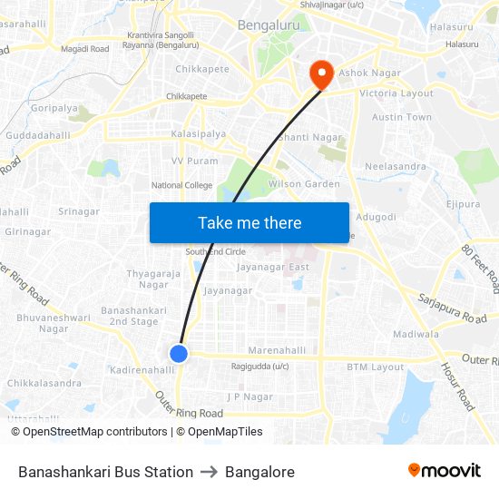 Banashankari Bus Station to Bangalore map