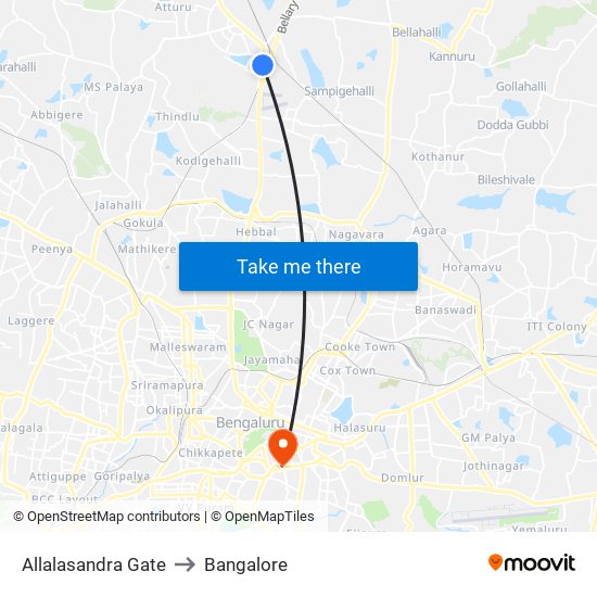 Allalasandra Gate to Bangalore map