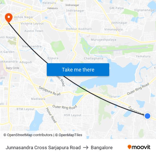 Junnasandra Cross Sarjapura Road to Bangalore map