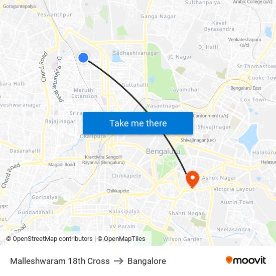 Malleshwaram 18th Cross to Bangalore map