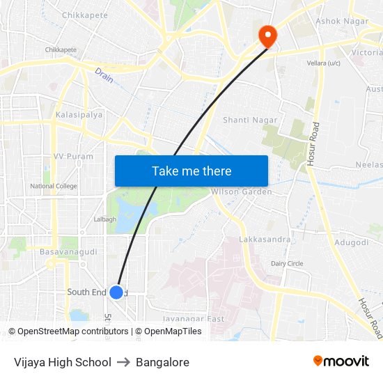 Vijaya High School to Bangalore map