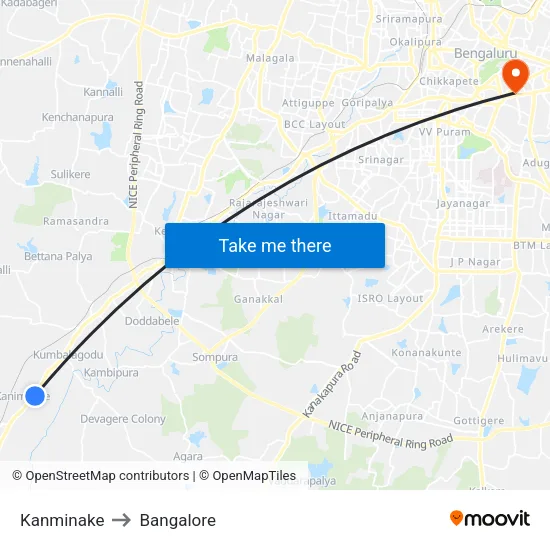 Kanminake to Bangalore map