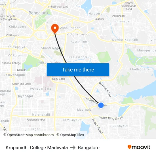 Krupanidhi College Madiwala to Bangalore map