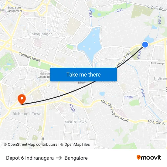 Depot 6 Indiranagara to Bangalore map
