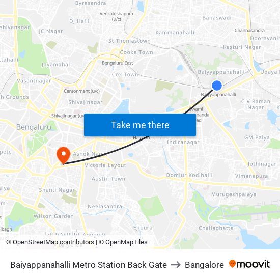 Baiyappanahalli Metro Station to Bangalore map