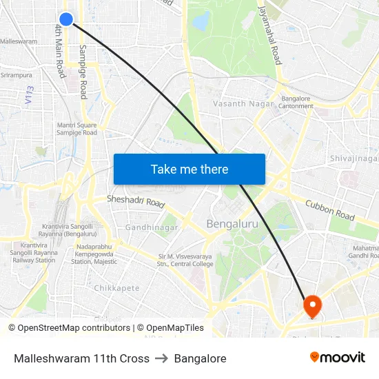 Malleshwaram 11th Cross to Bangalore map