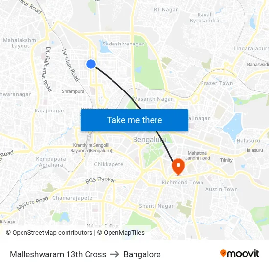 Malleshwaram 13th Cross to Bangalore map