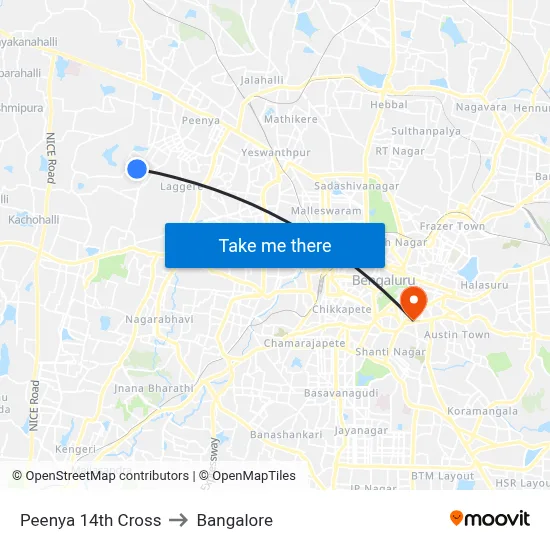 Peenya 14th Cross to Bangalore map