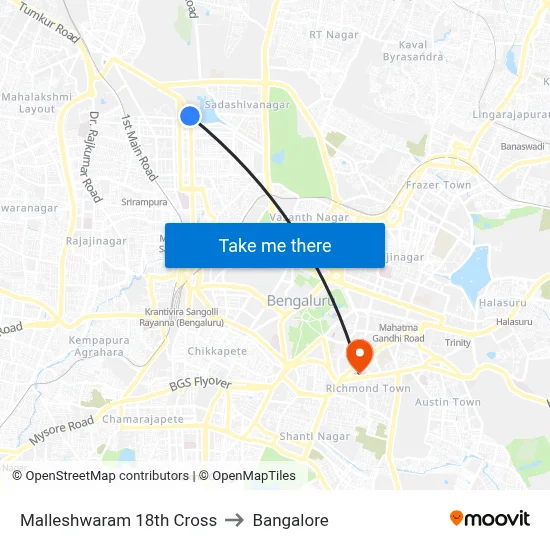 Malleshwaram 18th Cross to Bangalore map