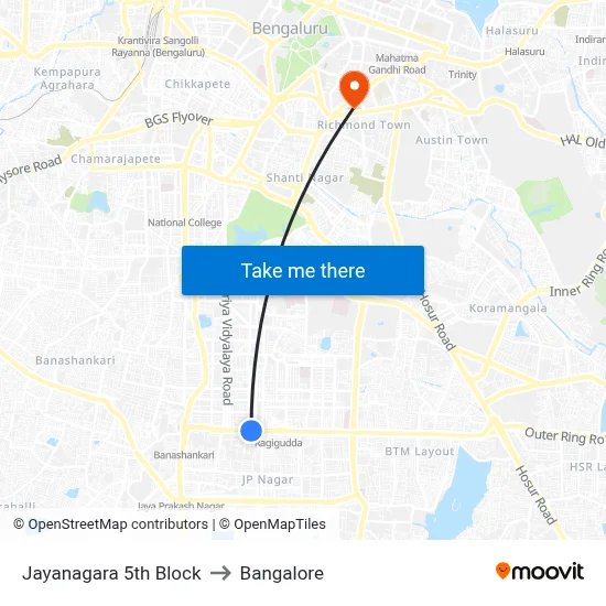 Jayanagara 5th Block to Bangalore map