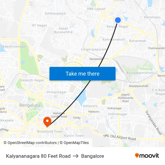 Kalyananagara 80 Feet Road to Bangalore map