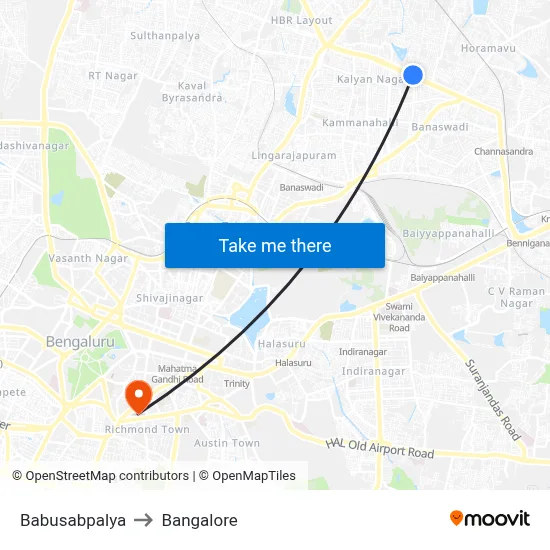 Babusabpalya to Bangalore map
