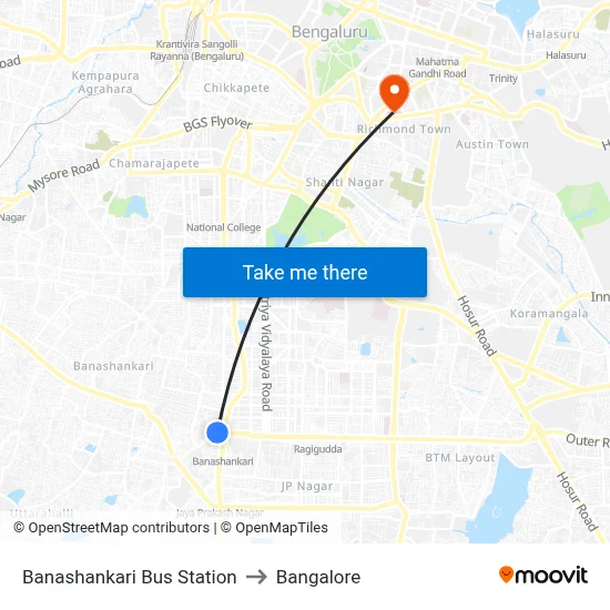 Banashankari Bus Station to Bangalore map