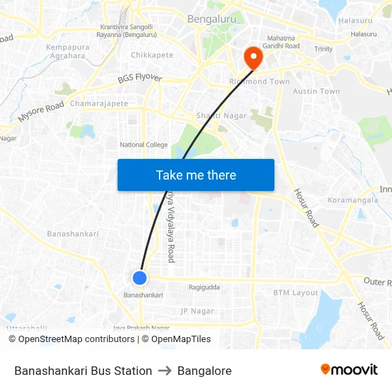 Banashankari Bus Station to Bangalore map