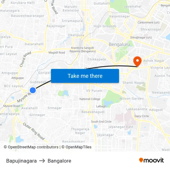 Bapujinagara to Bangalore map