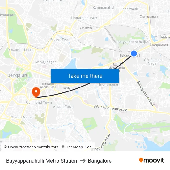 Bayyappanahalli Metro Station to Bangalore map