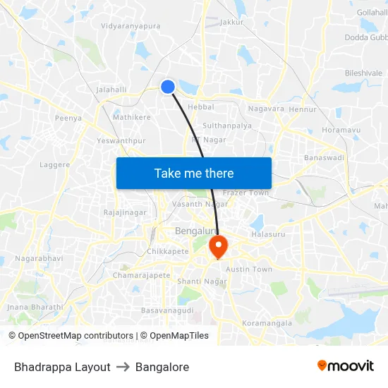 Bhadrappa Layout to Bangalore map
