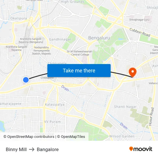 Binny Mill to Bangalore map
