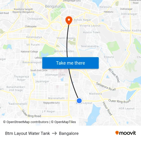 Btm Layout Water Tank to Bangalore map