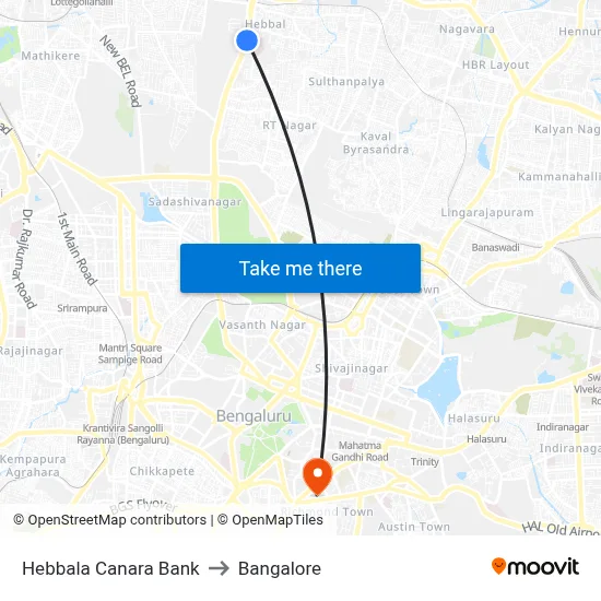 Hebbala Canara Bank to Bangalore map