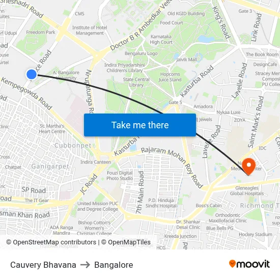 Cauvery Bhavana to Bangalore map