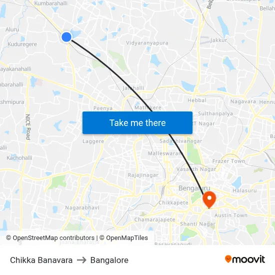 Chikka Banavara to Bangalore map