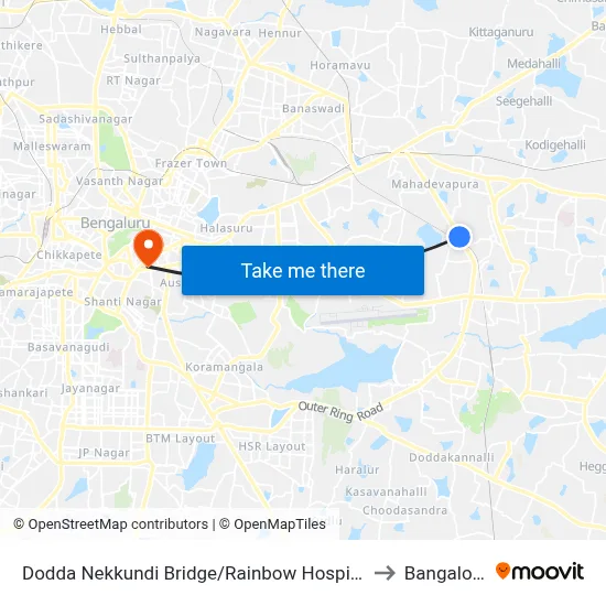 Dodda Nekkundi Bridge/Rainbow Hospital to Bangalore map