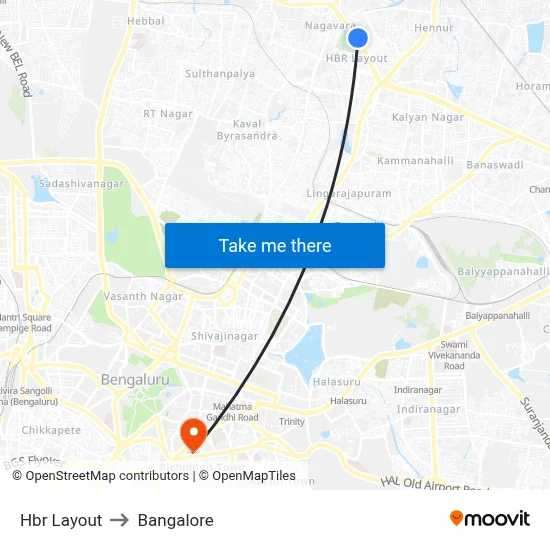 Hbr Layout to Bangalore map