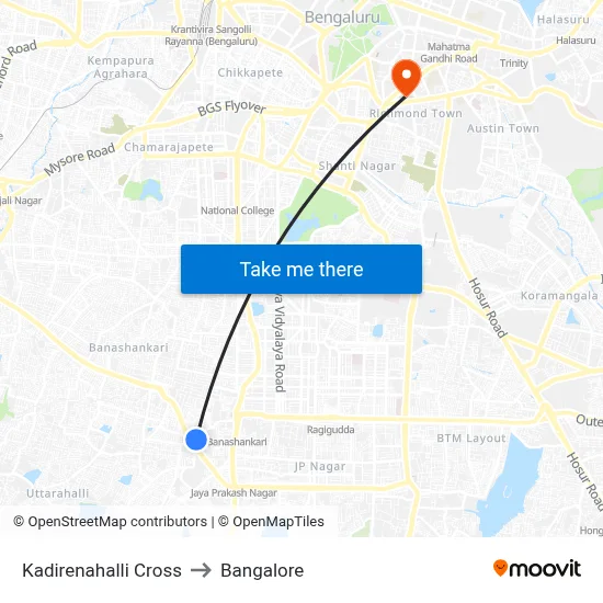 Kadirenahalli Cross to Bangalore map