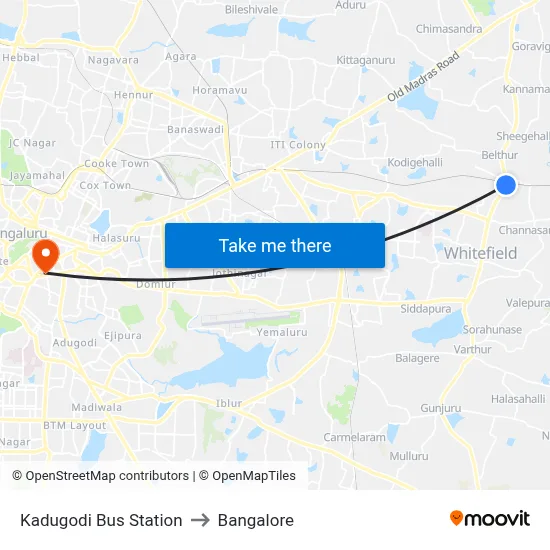 Kadugodi Bus Station to Bangalore map