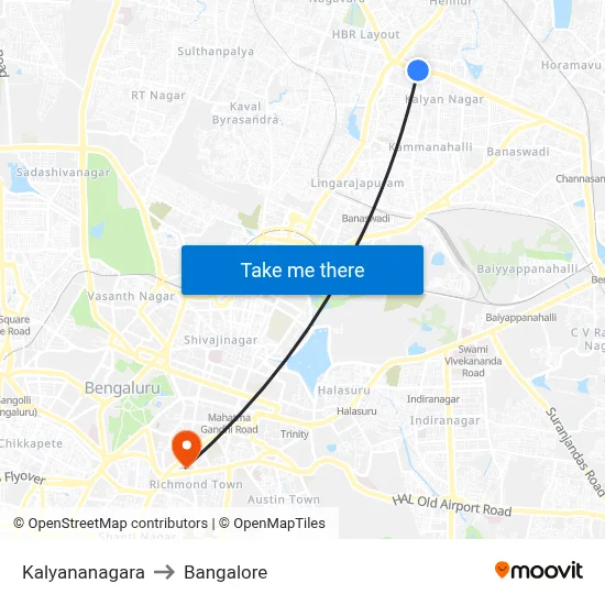 Kalyananagara to Bangalore map