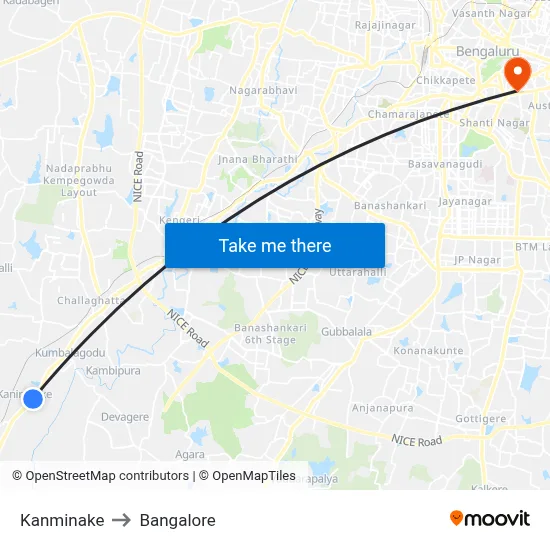 Kanminake to Bangalore map