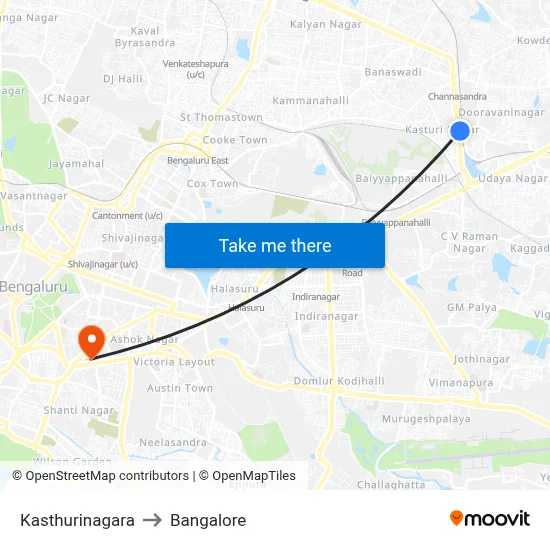 Kasthurinagara to Bangalore map
