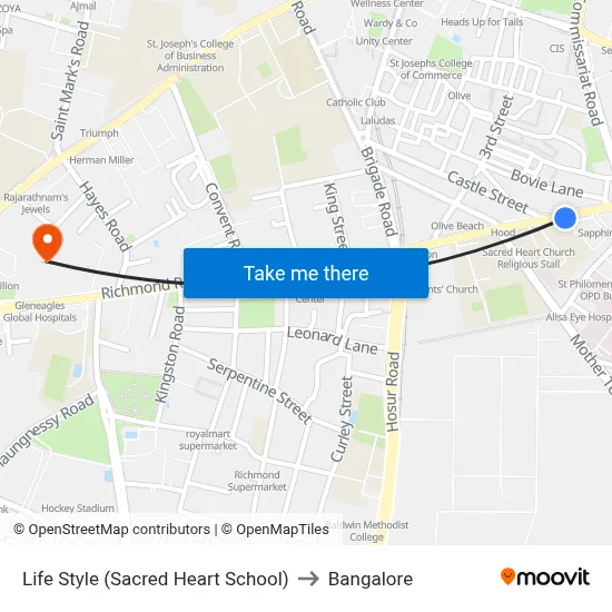 Life Style (Sacred Heart School) to Bangalore map