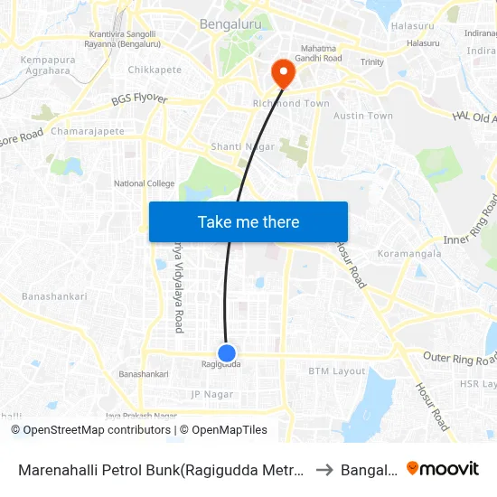 Marenahalli Petrol Bunk(Ragigudda Metro Station) to Bangalore map