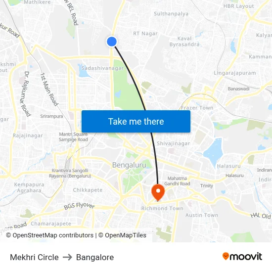 Mekhri Circle to Bangalore map