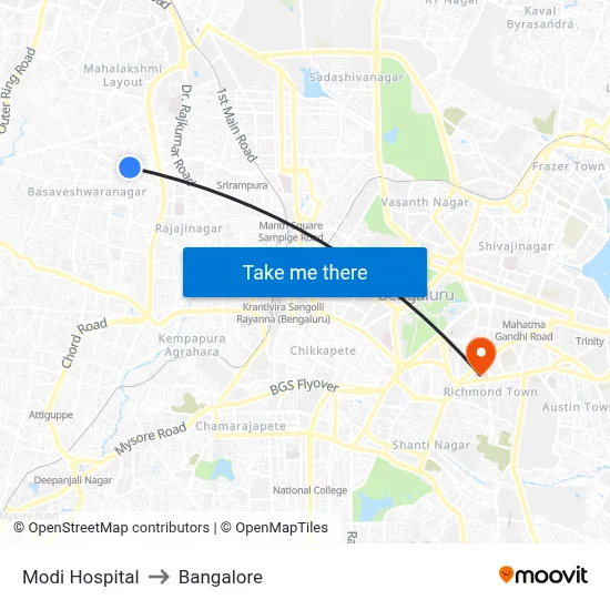 Modi Hospital to Bangalore map