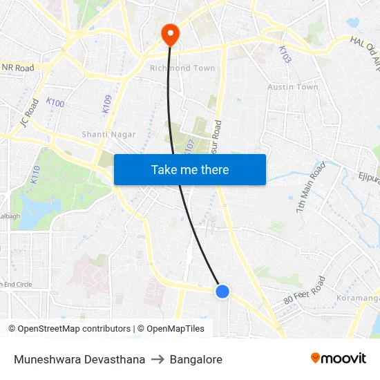 Muneshwara Devasthana to Bangalore map