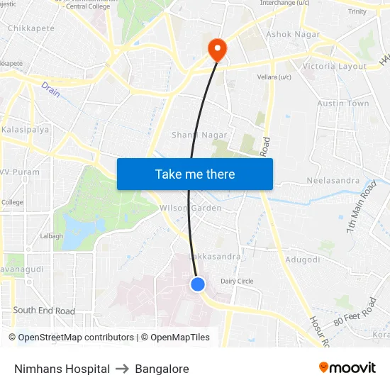 Nimhans Hospital to Bangalore map