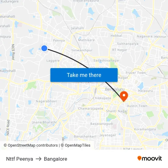Nttf Peenya to Bangalore map