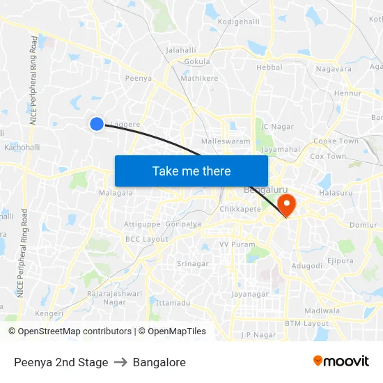 Peenya 2nd Stage to Bangalore map
